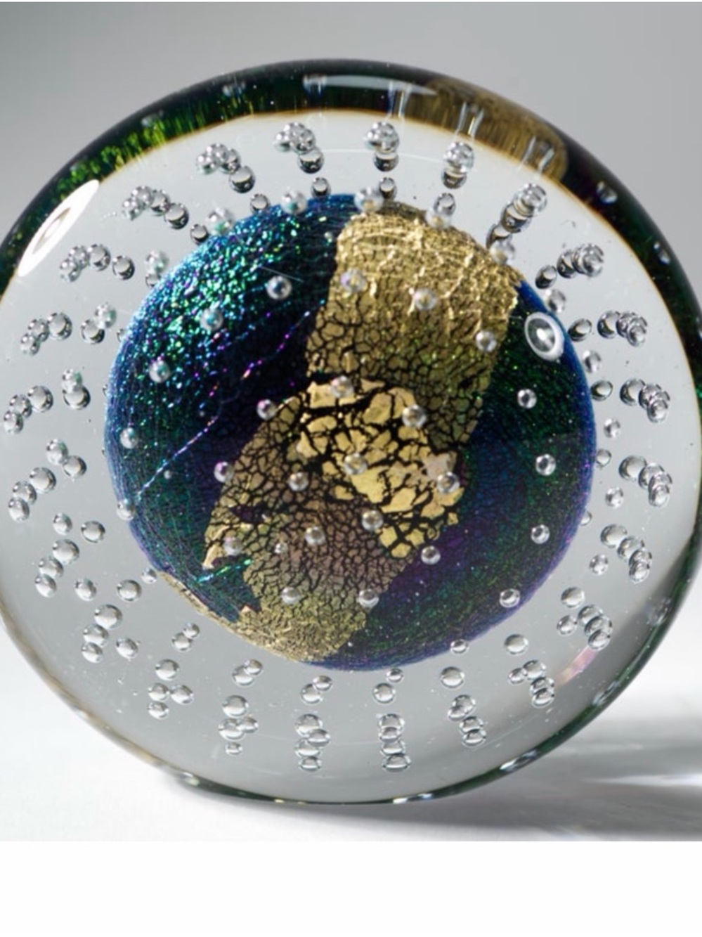 Handblown Glass Art Paperweight with Gold and Blue Orb